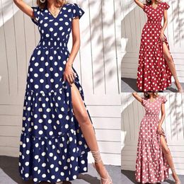Summer Womens Fashion V Neck Short Sleeve Side Slit Mid Length Polka Dot Dress
