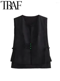 Women's Vests 2024 Summer Women Pankou Jade Chinese Style Vest Sleeveless Black Waistcoat Female High Low Hem Tank Y2K Crop Top