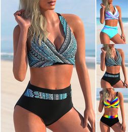 Womens Bikini Twopiece Swimsuit 3D Blue and Black Wave Print Tank Top Holiday Fashion Beach Outfit S5XL 240411