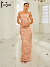 Casual Dresses Missord Elegant Pink Party Dress Women Spaghetti Strap O-Neck Sequin Mesh Draped Bodycon Prom Evening Long Gown