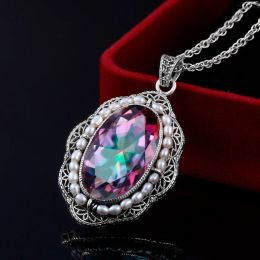 Necklaces Natural Pearl Necklace Pendants Mystic Rainbow Topaz Stone Real Silver Necklace Pendant's Women Wedding Fine Jewelry
