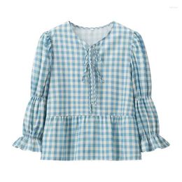 Women's Blouses Plaid Print Women Blouse With Puffy Sleeves 2024 Summer O-Neck Lace Up Shirts & Tops Ladies Casual Loose Shirt Top