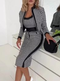 Spring Autumn Jacket Camis Dress Set Office Lady Long Sleeve Outerwear Print Three Piece Women Outfit 2023 240419