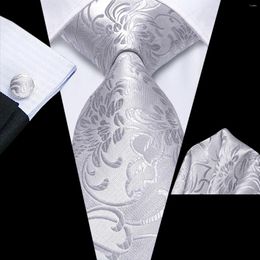 Bow Ties Hi-Tie Designer Silver Floral Gift Elegant Tie For Men Fashion Brand Wedding Party Necktie Handky Cufflinks Wholesale Business