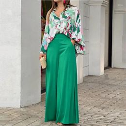 Women's Two Piece Pants Wide Leg Set Women Pant Sets Elegant Shirt Tops Print Floral Loose Casual Single Breasted Long High Waist
