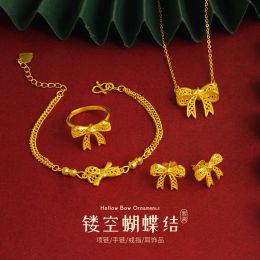 Strands Chinese Trendy Antique Hollow Bow Bracelet Ring Temperament Necklace Chain Earrings 100% 24K Real Goldplated Simple Jewellery Set