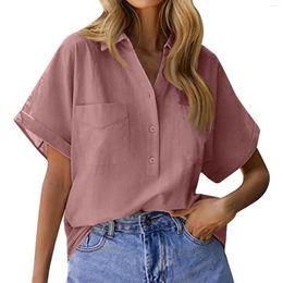 Women's Blouses Women Short-Sleeved Solid Color Double Pocket Pullover Shirt Loose Cotton And Linen Official Store Ropa De Mujer