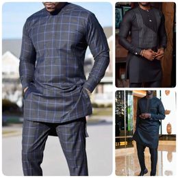 African Clothing For Man Dashiki Style Mens Plaid Shirts And Pants 2 Piece Casual Suits Kaftan Wear Suits Men Clothing M-4XL 240419