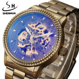 Kits Skeleton Automatic Mechanical Men Watch 2020 Bronze Retro SHENHUA Stainless Steel SelfWind Male Wristwatches Relogio Masculino
