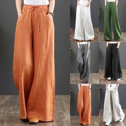 Women's Pants Capris Women Trousers With Pocket Summer High Waisted Cotton Linen Palazzo Pants Wide Leg Retro Solid Black Female Trousers New Y240422