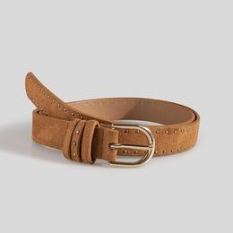 Waist Chain Belts 2023 New Suede Rivet Western Style Belt Simple Needle Buckle Womens Leather Velvet Hot Selling Womens Belt In Stock Y240422