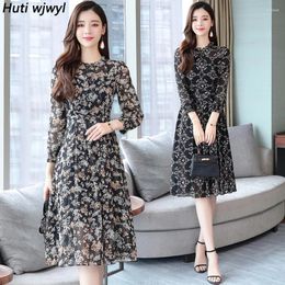 Casual Dresses Autumn Winter Black Vintage Floral Chiffon Midi Dress Boho Chic Sexy 2024 Elegant Women Party Long Sleeve Vestidos