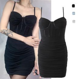 Casual Dresses Fashion Sexy Style Fishbone Waist-Tied Ruched Temperament Pure Desire Slim Looking Hip-Wrapped Backless Slip Dress Mesh Skirt