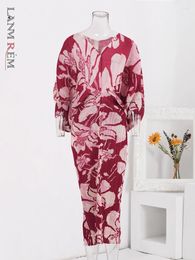 Casual Dresses LANMREM Elegant Pleated Long Women's Dress V Neck Batwing Sleeves Contrast Colour Fashion 2024 Spring 2DAa2035