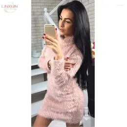 Casual Dresses 2024 Spring Autumn Winter Women Sweater Dress Fashion Woollen Tassel Hairy Lantern Sleeve Knitting Fringe Party