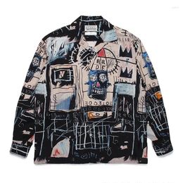 Men's Casual Shirts WACKO MARIA Black Graffiti Printing Polyester Shirt TEE Button Lapel Hawaiian Thin Men Women Long Sleeve Oversize