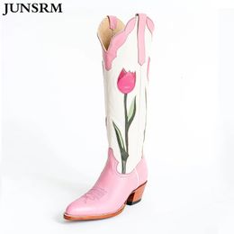 2024 Pink Flowers Knee High Boots Women Mixed Colour Embroidered Chunky Heel Height Increase Slip On Westside Cowboy Boots 240415