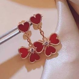 Designer Charm Van Love Earrings 925 Sterling Silver Flower Plated With 18K Gold Four Red Chalcedony Heart Pendant