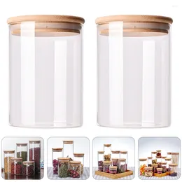 Storage Bottles 2 Pcs Sealed Jar Glass Canisters Pot Container Tea Candy Wood Food