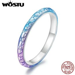 Rings WOSTU Real 925 Sterling Silver Simple Rainbow Fish Scale Rings For Women Ocean Bi Colour Band Ring Girl Jewellery Gift Minimalist