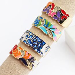 Bands New Fashion Enamel Colourful Flower Rings For Women Adjustable Copper Gold Plated Wide Finger Band Ring Party Jewellery Gift