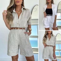 Women's Tracksuits Women Casual Suit Set Shirt Shorts With Belt Stylish Solid Color For Fashionable