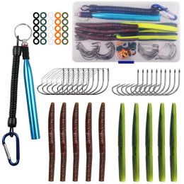 Accessories 86Pcs/Box Wacky rig kit fishing tackle box include Weedless Barbed hook Worm bait O rings wacky Tube tool for Bass fishing