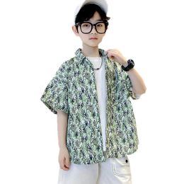 T-shirts Children Shirts Fashion Print Cotton Teen Boys Turn Down Collar Top 2023 Summer Casual Korea Student Clothes Kids Hot Sale Shirt