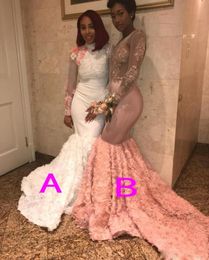 African Sexy Mermaid Prom Dresses Long Rose Fabrics Train Handmade Flowers Illusion Full Sleeves Evening Gowns Appliques Party Dre9108231