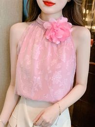 Women's Blouses Women Summer Sleeveless Shirts Elegant Office Lady Sexy Halter Off Shoulder Chiffon Solid Apricot Backless Tops