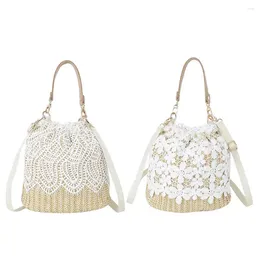 Drawstring Women Lace Woven Bucket Shoulder Bag Straw Messenger Bags Summer Lady Beach