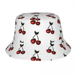 Berets Red Cherries And Single Leaf Bucket Hats Panama For Man Woman Bob Outdoor Reversible Fisherman Summer Unisex Caps