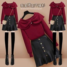 Work Dresses Large Size Women's Clothing Suit Autumn 2024 Matching Slimming Sweater Leather Skirt Two-Piece Set