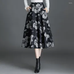 Skirts ZUZK Fashion Printed Woollen 2024 Autumn Winter High Waist A-line Skirt Design Medium Long Loose Big Swing