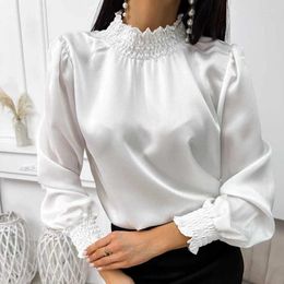 Women's Blouses Simple Elegant Solid Colour Satin Women 2024 Spring Round Neck Ruffle Tops Pullover Autumn Long Sleeve Office Lady Shirts