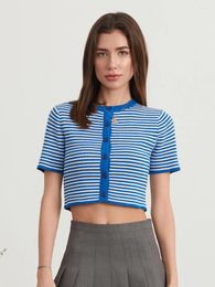 Women's T Shirts Stripes Print Crop Tops Short Sleeve Crew Neck Slim Fit Button Down T-Shirts Summer Cardigan