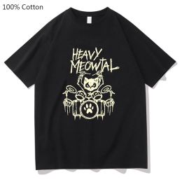 Sweatshirts Heavy Meowtal Cat Printed Tshirt Metal Music Funny Graphic Tshirt Fashion Mens Tops Shirt 100% Cotton T Shirts for Summer Male