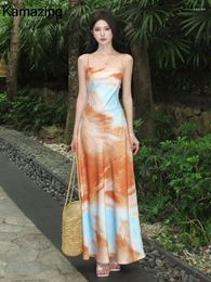 Casual Dresses Summer Elegant Slim Tie Dye Holiday Dress Spaghetti Straps Evening Party Backless Vestidos Women Vintage One Piece Clothing