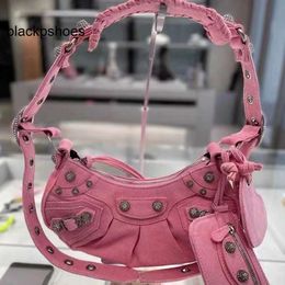 Balencig crescent classic best-quality underarm motorcycle half bag series made of old silver metal fittings blue pink washed denim shoulder bags small