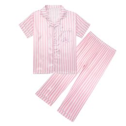 2Pcs Kids Sleepwear Girl Sweet Striped Mock Silk Satin Pyjamas Sets Child Teen Cool SkinFriendly Short Sleeve Pyjamas Nightwear 240408