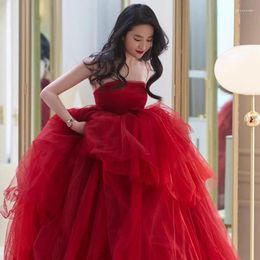 Party Dresses Sexy Straplese Wedding Bride Pography Dress Women Tulle Floor Length Red Solid Colour Pageant Gown Evening