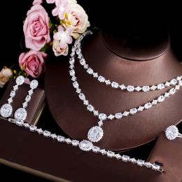 Necklaces CWWZircons Bling White Cubic Zircon Round Two Layered Necklace 4Pcs Luxury Arabic Bridal Wedding Jewellery Sets for Women T642