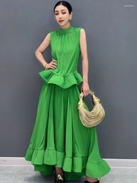 Work Dresses Vefadisa 2024 Summer Green Women Sets Sleeveless Ruffle Edge Top Large Hem Long Dress Two Pieces HLX064