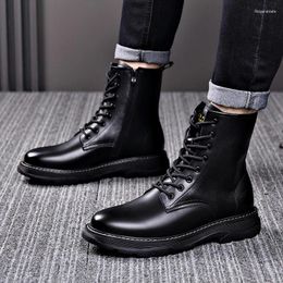 Boots Men's Casual Autumn Winter Black Genuine Leather Shoes Cowboy Platform Chunky Boot Handsome High Motorcycle Botas Hombre