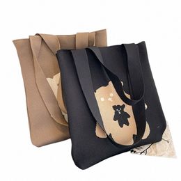 high-capacity Hand-woven Bag Fi Cute Bear Knit Wool Knitting Shoulder Bags Tote Bag Student 52I0#