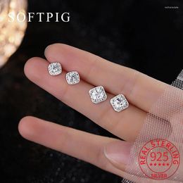 Stud Earrings SOFTPIG Real 999 Sterling Silver Shiny Zircon 9/6mm Square Mini For Women Classic Luxury Fine Jewelry Summer 2024