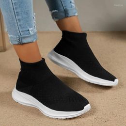 Casual Shoes High Top Breathable Knitted Sneakers Women 2024 Autumn Slip On For Plus Size 43 Thick Bottom Sock