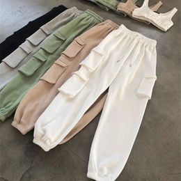 Spring Autumn Vintage Patchwork Joggers Sweatpants Harajuku Woman Trousers Elastics High Waist Pockets Drawstring Solid Pants 240420