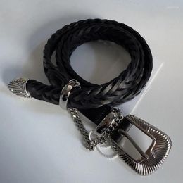 Belts 2024 Style Cowhide Braided Western Retro Leather Belt Without Punching High Quality Designer