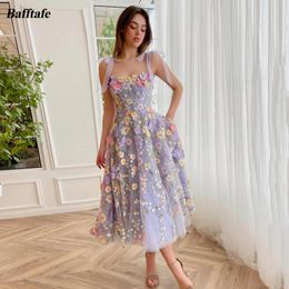 Party Dresses Bafftafe Light Lavender Floral Prom Gowns Tied Straps Embroidery Midi -Length Formal Special Occasion